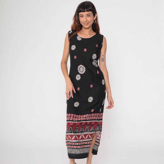 90s Tribal Sundress Southwestern Dress Black Geometric Border Floral Medallion Red White Boho Summer  Beach Vacation Vintage Medium M