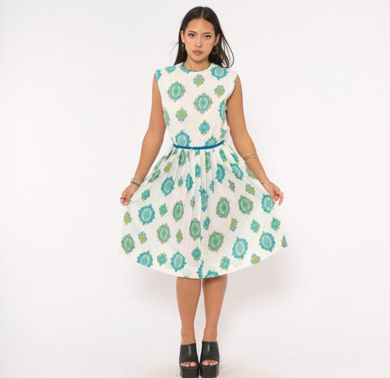 60s Medallion Print Dress Sleeveless Pleated Skirt Teal Green White Ornate Pattern Knee Length A Line R & K Originals Vintage Frock Medium M