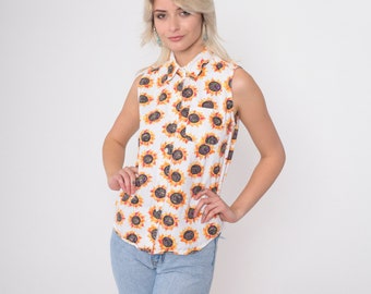 Floral Tank Top 90s Sleeveless Sunflower Blouse White Button Up Shirt 1990s Collared Tank Top Bohemian Summer Vintage Feminine Cotton Small