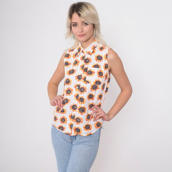 Floral Tank Top 90s Sleeveless Sunflower Blouse White Button Up Shirt 1990s Collared Tank Top Bohemian Summer Vintage Feminine Cotton Small