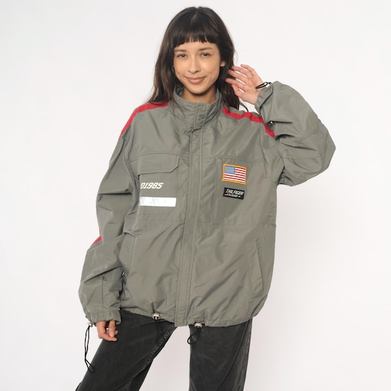 Tommy Hilfiger Windbreaker Y2K Athletic Jacket Gray Red Stripe Flag Patch Zip Front Sporty Streetwear Drawstring Gorpcore 90s Large L