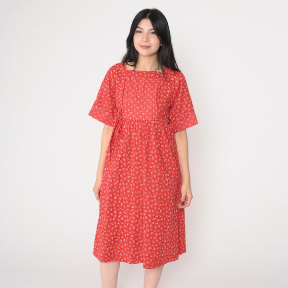 Red Floral Dress 70s Day Dress Calico Flower Print Midi Short Sleeve Empire Waist Boho Prairie Vintage 1970s Lanz original Extra Small xs