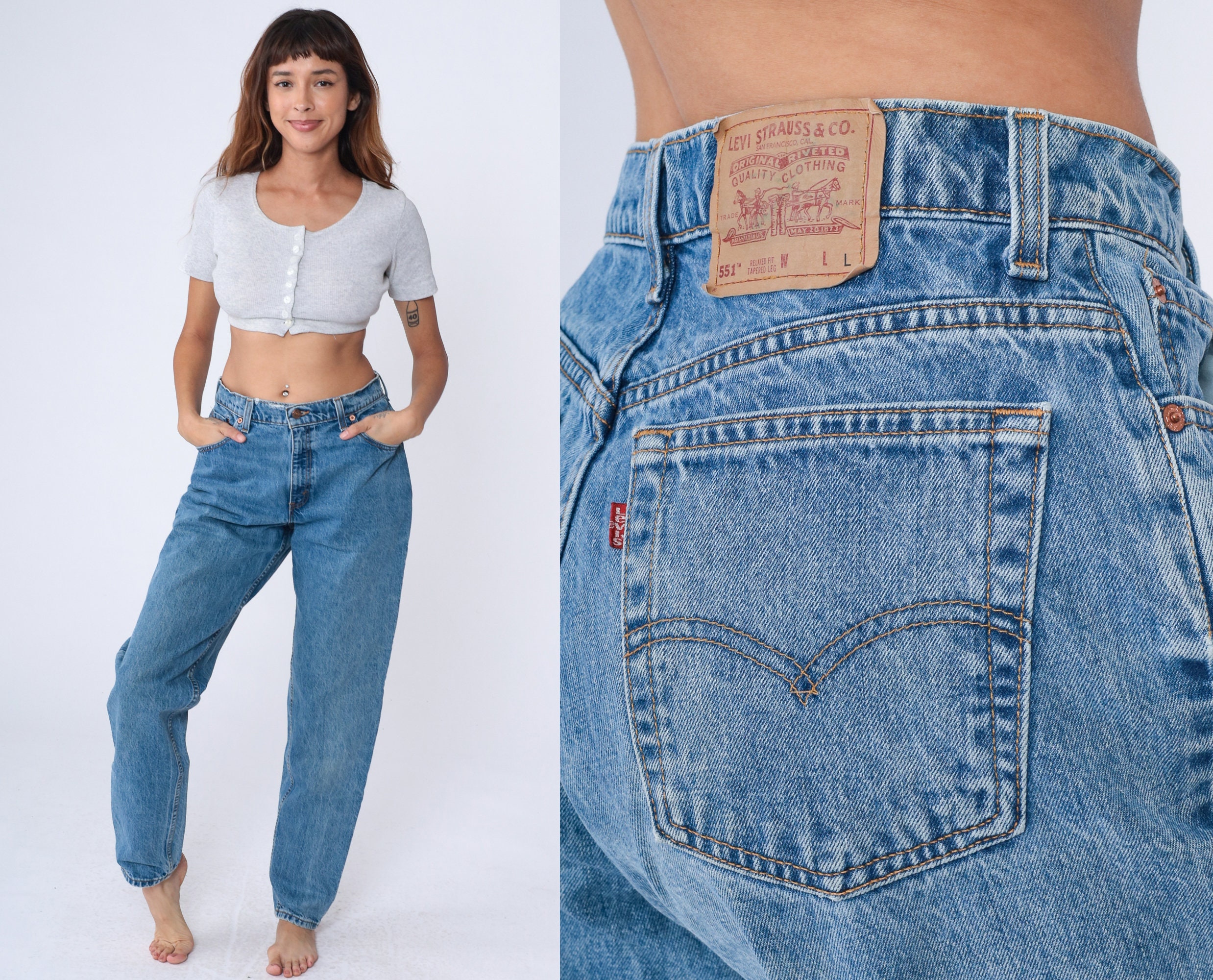 Levis 551 Jeans -- Mom Jeans Blue 90s Denim Pants Tapered Slim Jean Pants  Levis Strauss 1990s Red Tab Large 12 Long 31 x 31