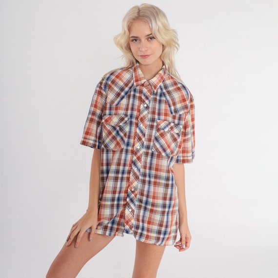 Plaid Pearl Snap Shirt 80s Western Shirt Burnt Orange Blue Shirt Button Down up Vintage Short Sleeve 1980s Men's Large