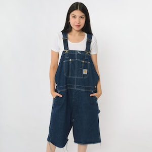 Carhartt Denim Overall Shorts 90s Bib Jean Dungarees Workwear Shortalls Utilitarian Dark Wash Blue Baggy Vintage Coveralls Small Medium