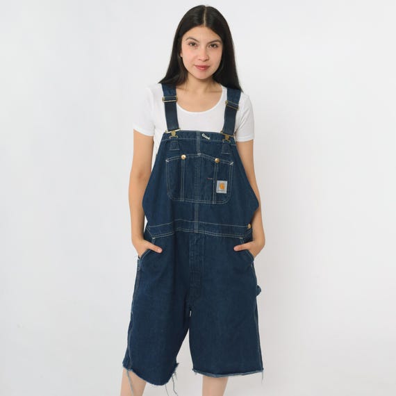 Carhartt Denim Overall Shorts 90s Bib Jean Dungarees Workwear Shortalls Utilitarian Dark Wash Blue Baggy Vintage Coveralls Small Medium
