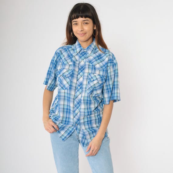 Vintage Metallic Western Shirt 90s Rustler by Wrangler Western Plaid Pearl Snap Button Up Top Blue 1990s Checkered Short Sleeve Men's Large