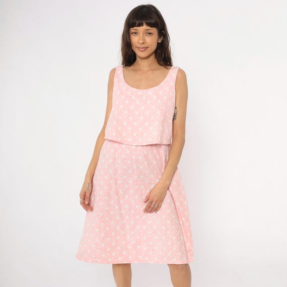 Pink Polka Dot Dress 90s Cotton Sleeveless Tank Sundress Cottagecore Coquette Pastel White Feminine Overlay Summer Spring Vintage Medium M