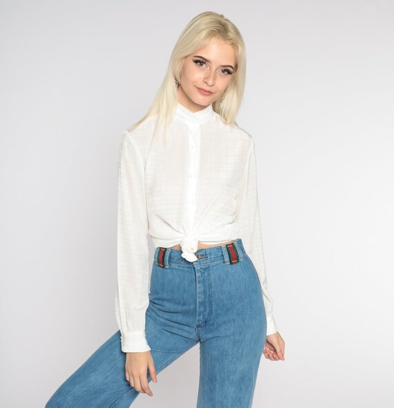 White Ruffle Blouse 70s Semi Sheer High Neck Button Up Top Retro Preppy Secretary Shirt Victorian Blouse Long Sleeve Vintage 1970s Small S