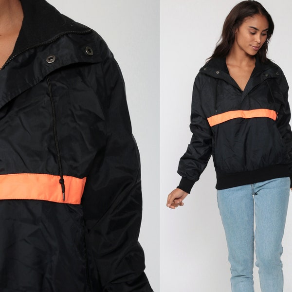 90s Black Windbreaker -- Pullover Black Half Zip Jacket Orange Striped Kangaroo Pocket Hidden Hood 1990s Sportswear Vintage Extra Small XS