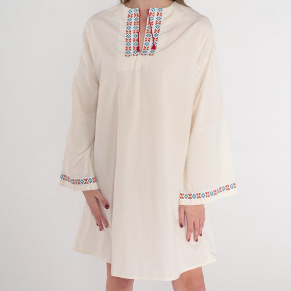 70s Hippie Dress Boho Mini Dress Off White Embroi… - image 5