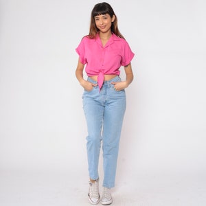 Bright Pink Crop Top 90s Tie Waist Cropped Blouse Plain Short Cuffed Sleeve Shirt Collared Button Up Shirt Normcore Vintage Medium image 3