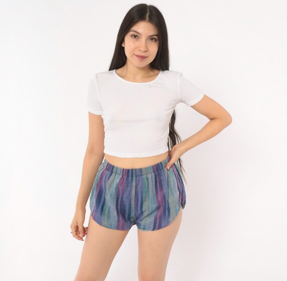 80s Ikat Stripe Shorts Purple Teal Cotton Runner Track Dolphin Athletic Bloomer Violet Plum Blue Green Summer Vintage Extra Small XS