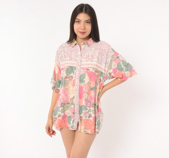 90s Floral Button Up Blouse Pink Rose Cream Lace Trim Shirt Patchwork Short Sleeve Collared Cotton Summer Relaxed Fit Cottagecore Large L