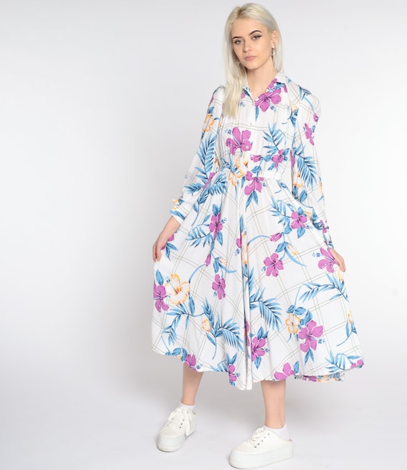 White Floral Dress 80s Midi Hawaiian Bohemian Button Up Dress Vintage Shirtdress High Waisted 1980s Long Sleeve Purple Blue Small Medium