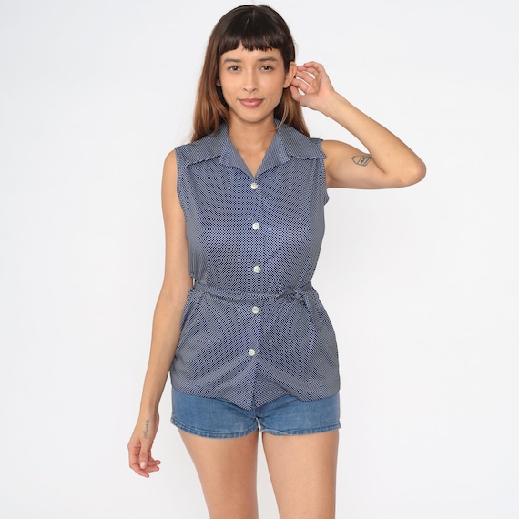 Polka Dot Blouse 70s Navy Blue Sleeveless Button Up Shirt Dagger Collar Tank Top Retro Collared Disco Belted Vintage 1970s Small S