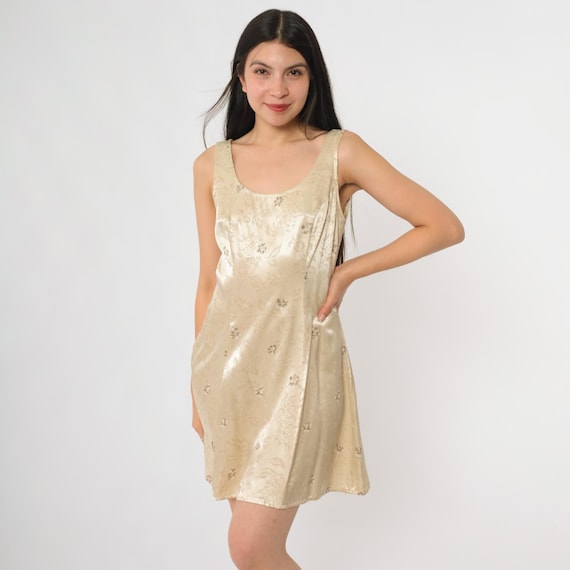 Champagne Party Dress 90s Mini Slip Floral Jacquard Satin Tank Sleeveless A Line Club Babydoll Going Out Dance Floor Nightclub Small S 7/8