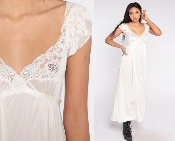 White Lingerie Nightgown Slip Dress 80s Cap Puff Sleeve Semi Sheer Bridal Nightgown Lace Maxi Vintage Empire Waist Romantic Bohemian Small S