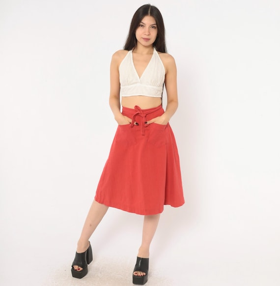 70s Rust Wrap Skirt Red Linen Blend A Line Tie Waist Front Patch Pockets Prairie Cottagecore Hippie Bohemian Summer Vintage Extra Small XS