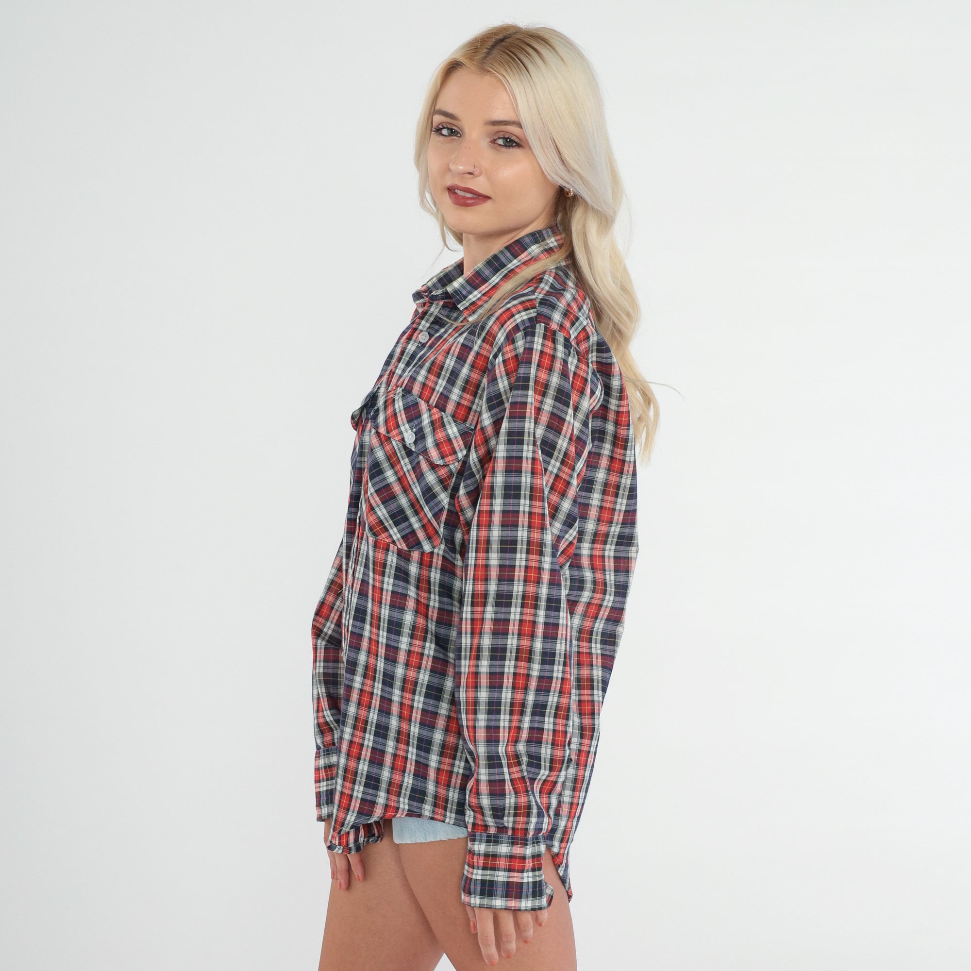 80s Plaid Shirt Flannel Button up Shirt Retro Red White Blue - Etsy