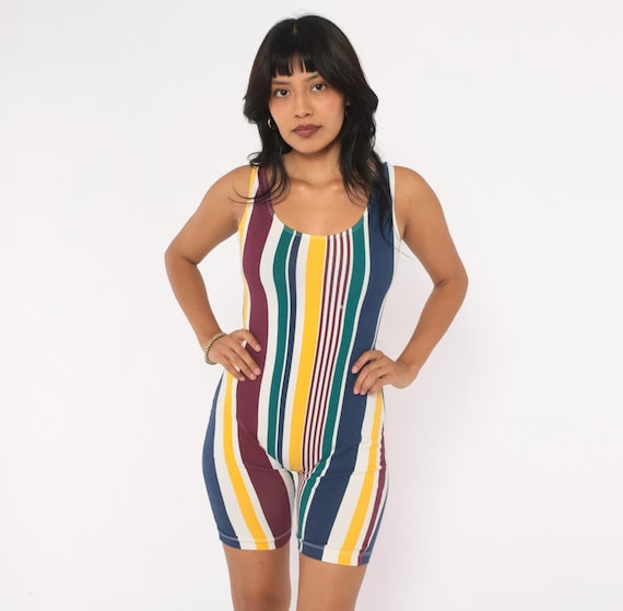 90s Striped Romper White Burgundy Vertical Stripe Bike Short Unitard Scoop Neck Sleeveless Cotton One Piece Playsuit Stretch Vintage Small S