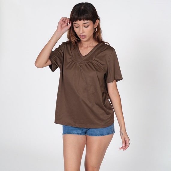 Draped Brown Blouse 70s Tunic Top Hippie Blouse V Neck Gathered Mod Festival Hippie Shirt Boho Top 1970s Bohemian Short Sleeve Plain Large