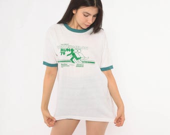 70s Watermelon Run Ringer Tee White Green Print Short Sleeve Cotton Race Event Sporty Collegiate Athletic Vintage Shirt Unisex Large L