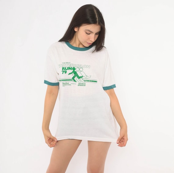 70s Watermelon Run Ringer Tee White Green Print Short Sleeve Cotton Race Event Sporty Collegiate Athletic Vintage Shirt Unisex Large L