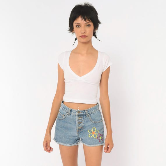 90s Daisy Embroidered Denim Shorts Be Bop Light Wash High Waist Button Fly Cutoff Jean Blue Cotton Floral Hot Pants Extra Extra Small XXS