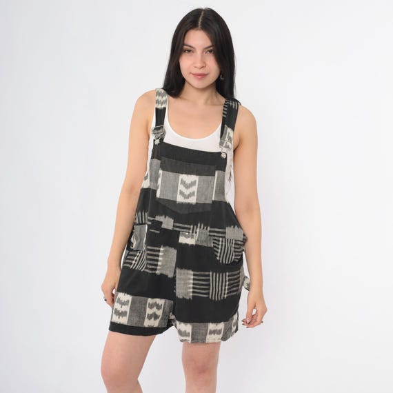 Vintage Ikat Shortalls 90s Black Cotton Overall Checkered Patchwork Bib Dungarees Retro 1990s White Boho Hippie Summer Small Medium xs