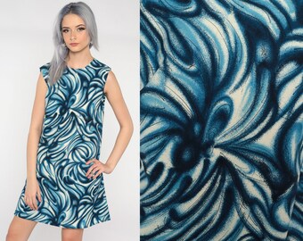 60s Mod Dress Psychedelic Shift Dress Mini Swirl Dress 70s Sixties Twiggy Vintage Sleeveless Blue White Small S