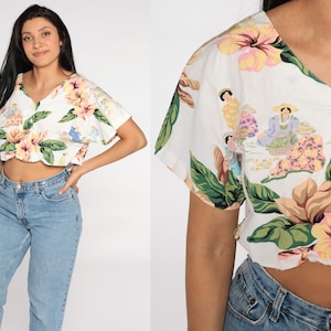 Tropical Shirt Polynesian Crop Top Floral Blouse Button Up Shirt 80s Hibiscus Print 1980s Vintage Short Sleeve White Summer Top Medium Large image 1