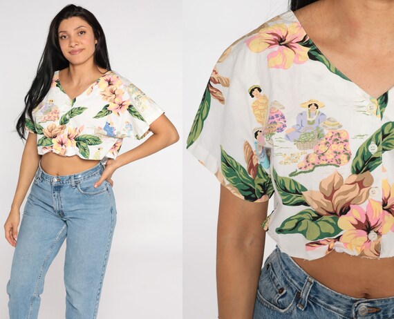 Tropical Shirt Polynesian Crop Top Floral Blouse Button Up Shirt 80s Hibiscus Print 1980s Vintage Short Sleeve White Summer Top Medium Large