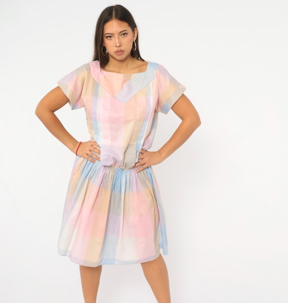 80s Pastel Plaid Dress Pink Blue Lavender Drop Waist Square Neck Blouson Summer Spring Easter Sundress Oops California Vintage Medium M