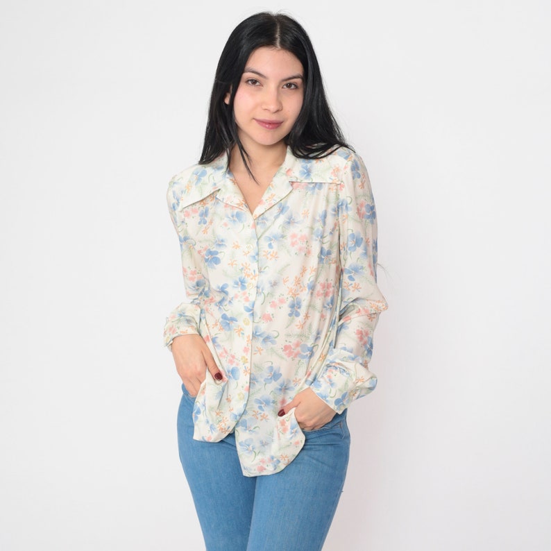 Off-White Floral Blouse 70s Disco Shirt Puff Sleeve Button Up Top Collared Bohemian Retro White Blue Pink Flower Print Vintage 1970s Medium image 2