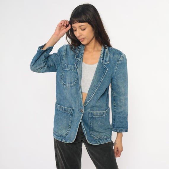 90s Denim Blazer Eddie Bauer Blue Jean Jacket Lapel Collar Fit Minimalist Preppy Dark Academia Tailored Vintage Structured Extra Small XS
