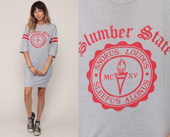 Nightgown Pajama Dress SLUMBER STATE University Nightie 80s SNORUS Graphic Vintage Retro Shirt Dress College Pun Tshirt Joke Small
