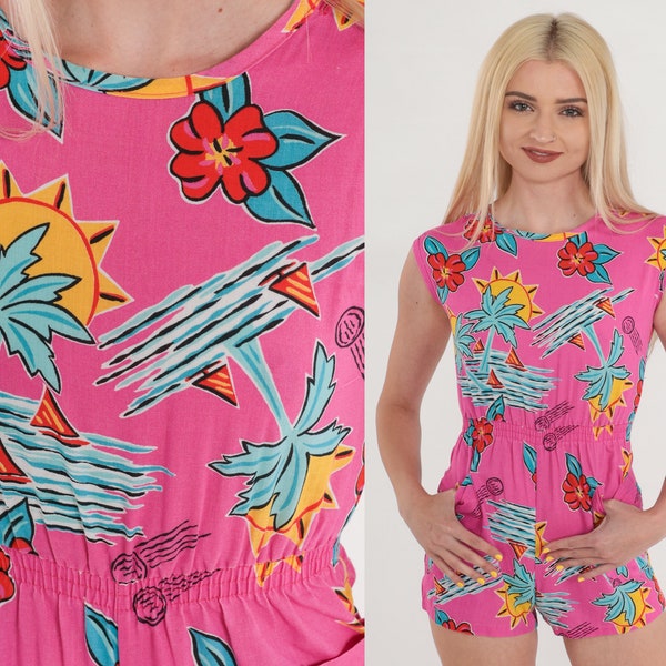 Tropical Romper 90s Bright Pink Playsuit Palm Tree Beach Sun Hibiscus Floral Print Mini Shorts Boho Cap Sleeve Vintage 1990s 2xs xxs