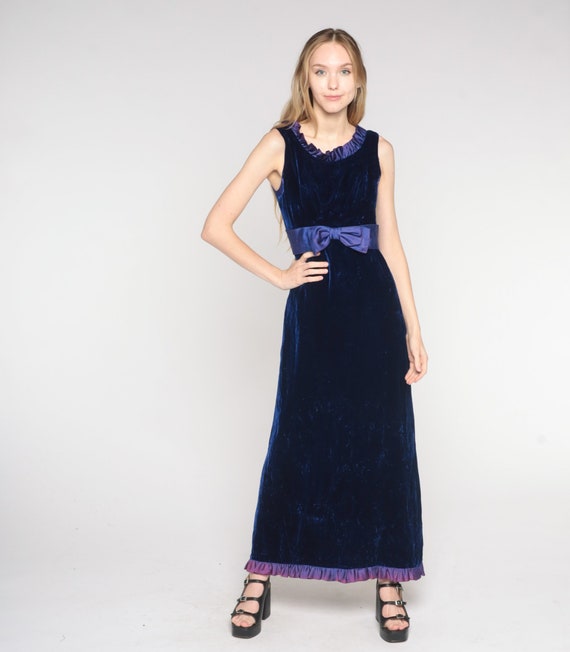 Vintage Indigo Velvet Gown 70s Maxi Dress Retro Purple Party Dress Empire Waist Bow Boho Glam Prom Formal Long Dress Cocktail 1970s Small S