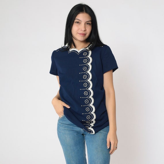 60s Navy Blue Tunic Top Scalloped Lace Trim Mod Short Sleeve Vintage 1960s Retro Twiggy Space Age Dot Print Medium