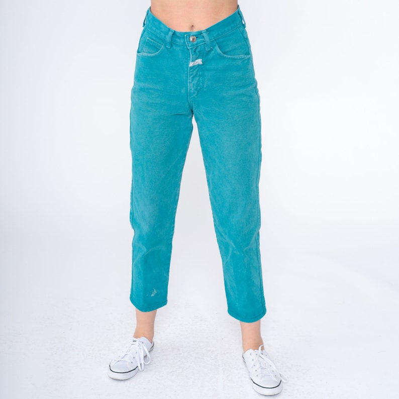 Teal Jeans 90s Ankle Jeans High Waisted Rise Slim Tapered Leg Denim Pants Retro Cropped Mom Jeans Blue Green Vintage 1990s Extra Small XS image 9