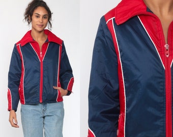 Puffer Jacket Blue Ski Jacket Retro 80s Striped Puffy Coat Winter 70s Color Block STRIPED Red 1980s Hipster 1970s Puff Zip Up Extra Small xs