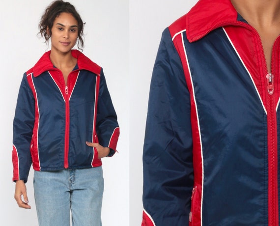 Puffer Jacket Blue Ski Jacket Retro 80s Striped Puffy Coat Winter 70s Color Block STRIPED Red 1980s Hipster 1970s Puff Zip Up Extra Small xs