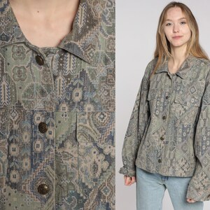 90s Boho Jacket Geometric Jacket Lightweight Button Up Cargo Jacket Bohemian Vintage 1990s Floral Bohemian Jacket Taupe Blue Extra Large xl image 1