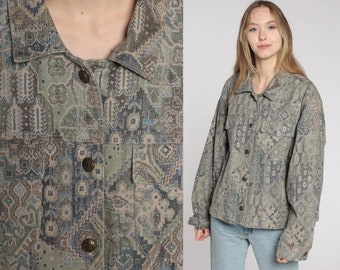 90s Boho Jacket Geometric Jacket Lightweight Button Up Cargo Jacket Bohemian Vintage 1990s Floral Bohemian Jacket Taupe Blue Extra Large xl