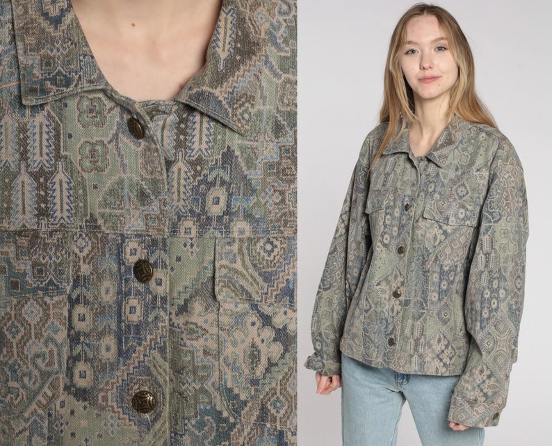 90s Boho Jacket Geometric Jacket Lightweight Button Up Cargo Jacket Bohemian Vintage 1990s Floral Bohemian Jacket Taupe Blue Extra Large xl image 1