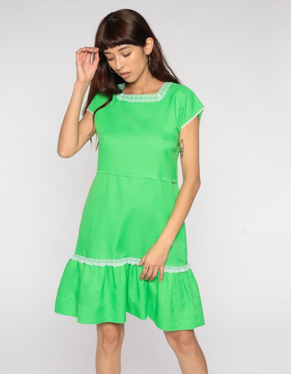 60s Dress Lime Green Dress Tiered Flounce Neon High Waisted Mini Sixties Fit and Flare Vintage Plain Cap Sleeve 1960s Bright Small S
