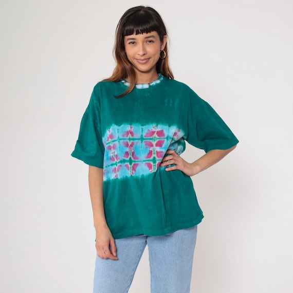 90s Tie Dye Tee Teal Pink Shibori Stripe Pattern Oversized Boxy Short Sleeve Beachy Surf Ocean Turquoise Boho Y2K Resort Wear XL Extra Large