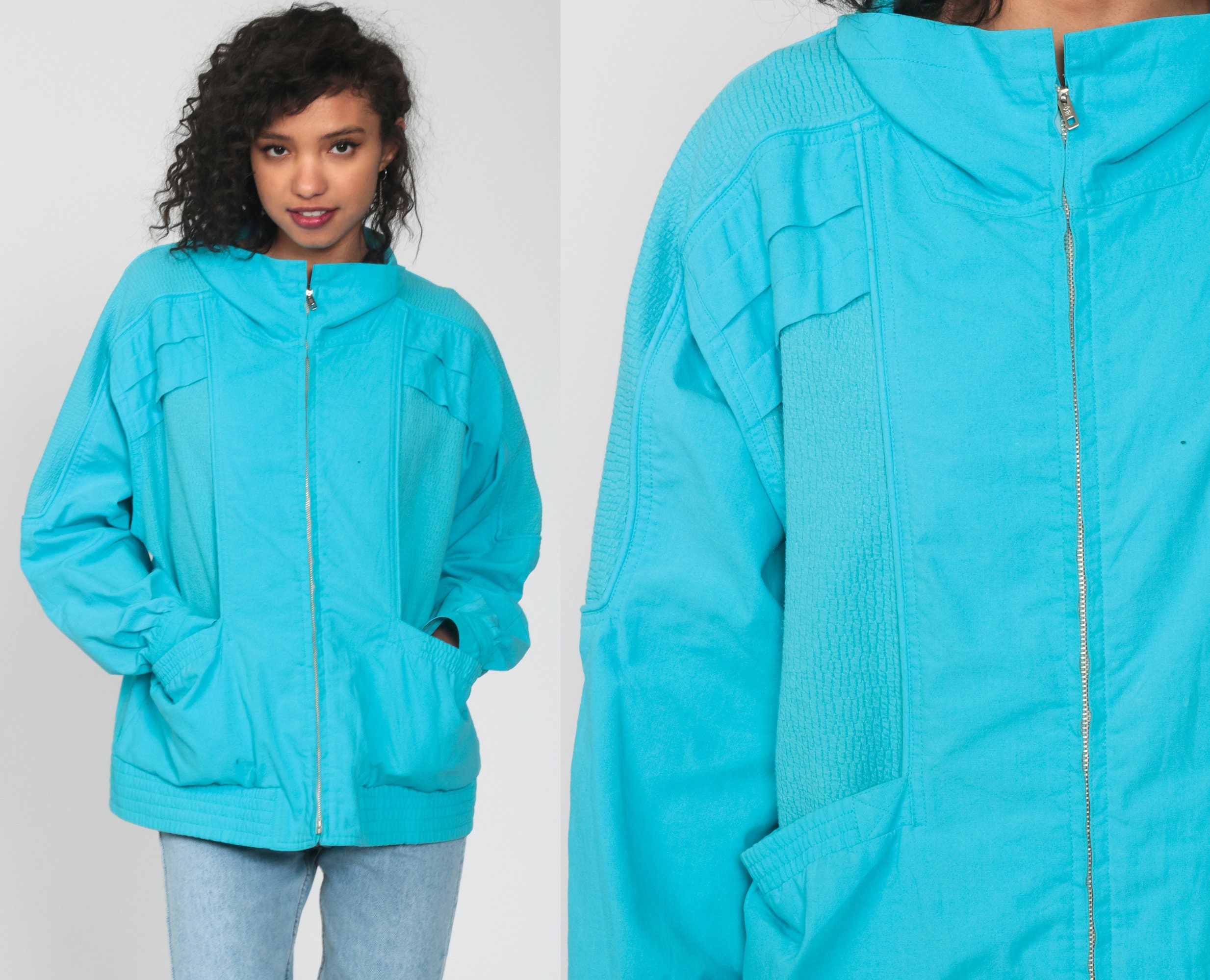Turquoise Windbreaker Jacket 80s Coat 