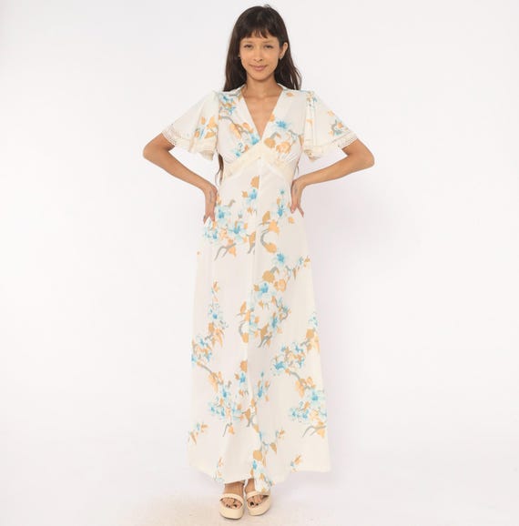 70s Floral Maxi Dress Crochet Lace Trim V Neck Puff Sleeve White Blue Peach Prairie Cottagecore Summer Wedding Garden Party Vintage Large L